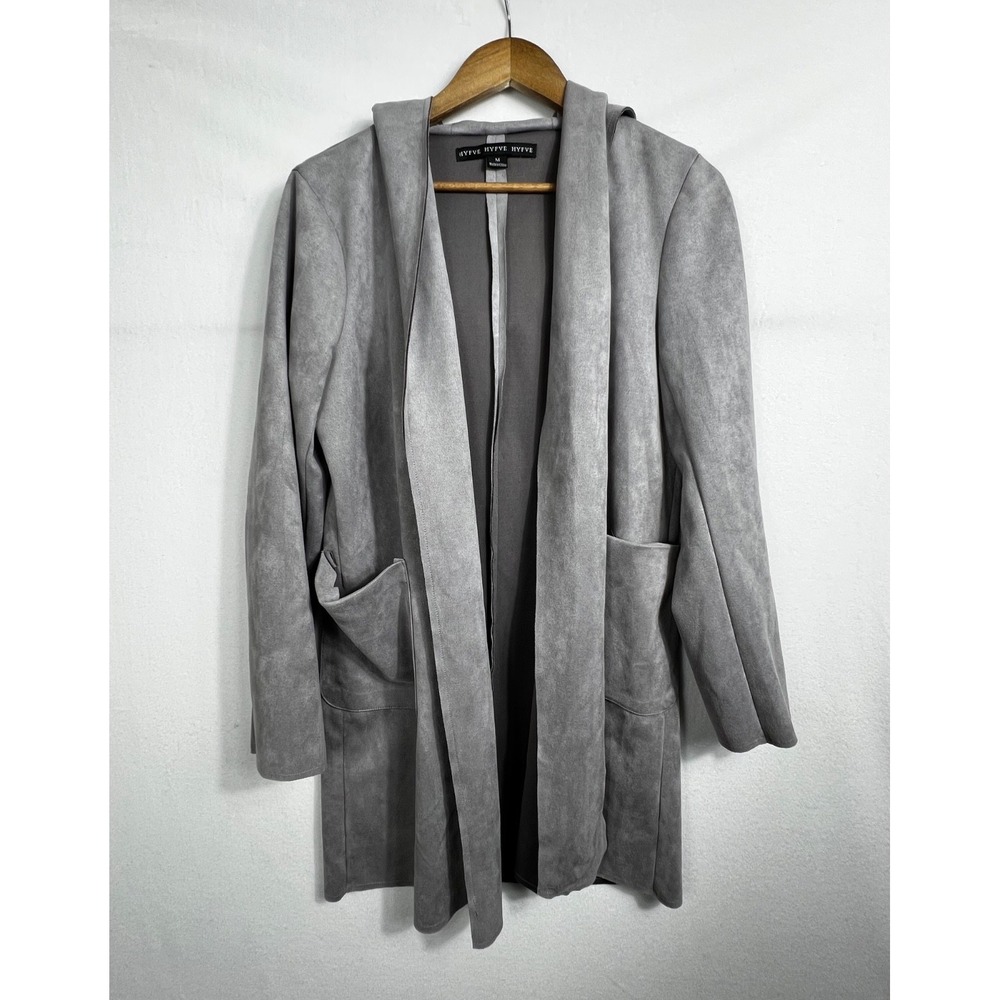 HYFVE Faux Suede Gray Longline‎ Open Cardigan Jacket Hooded with Pockets Size M
